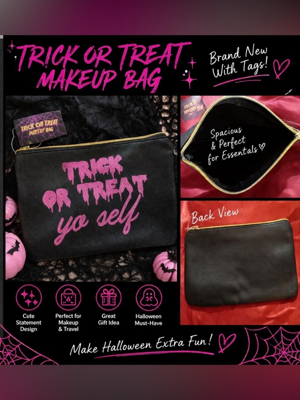 Trick or Treat Yo Self Black Cosmetic Bag with Pink Print